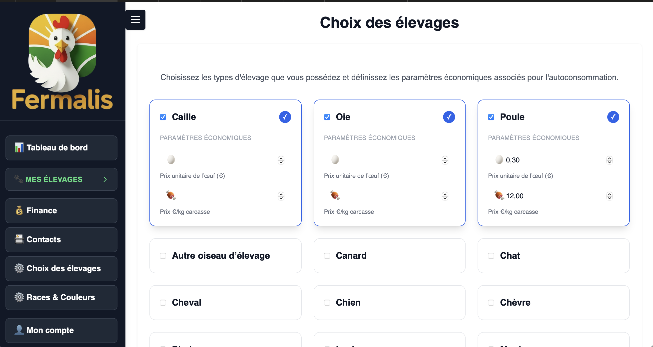 Sélection des types d’élevage